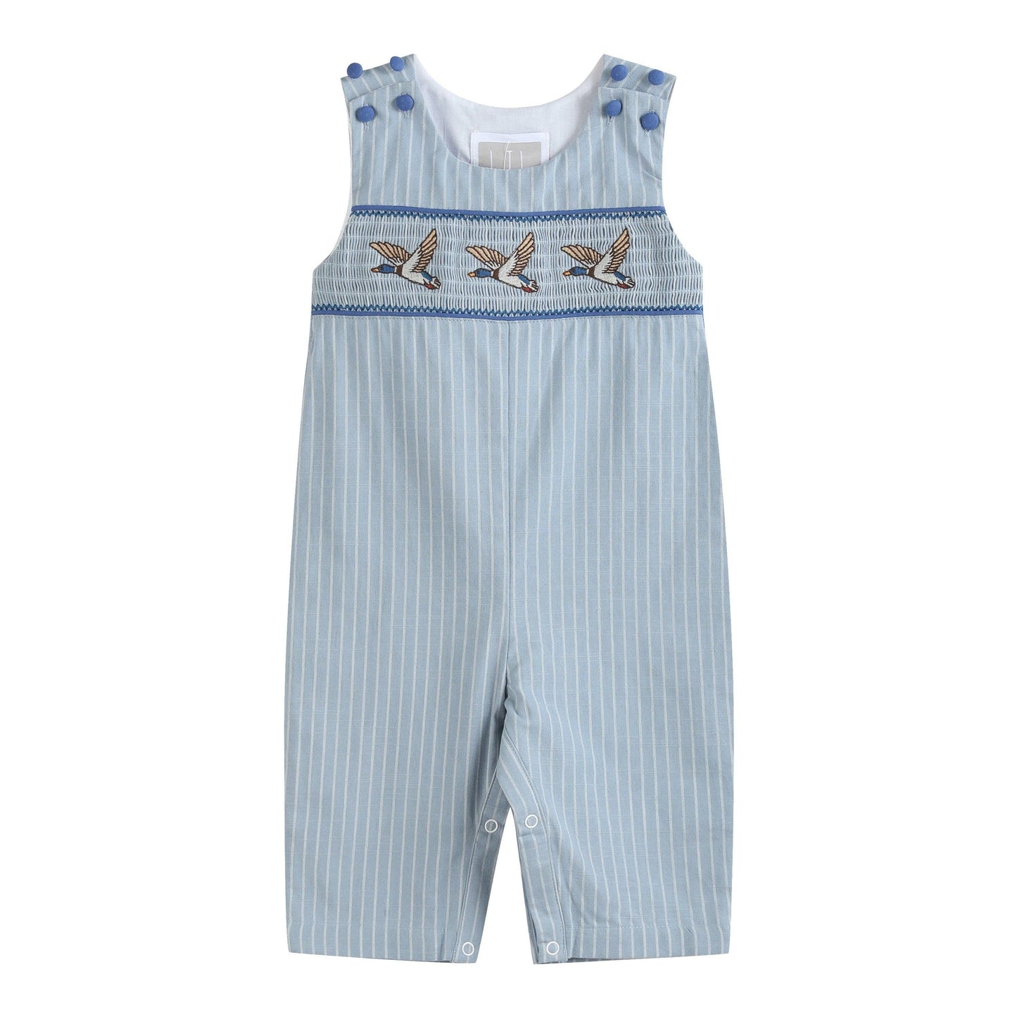 Blue Pinstripe Mallard Duck Smocked Overalls: 18-24M
