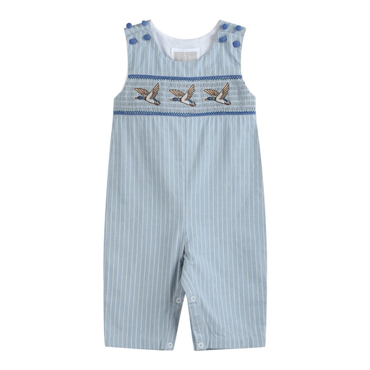 Blue Pinstripe Mallard Duck Smocked Overalls: 18-24M