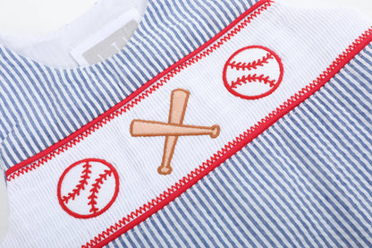 Lil Cactus - Blue Seersucker Baseball Smocked Shortalls