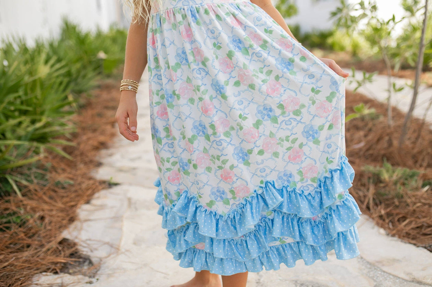 Adorable Sweetness - Girls Olivia 3 Ruffle Pastel Blue Floral Spring Summer Dress