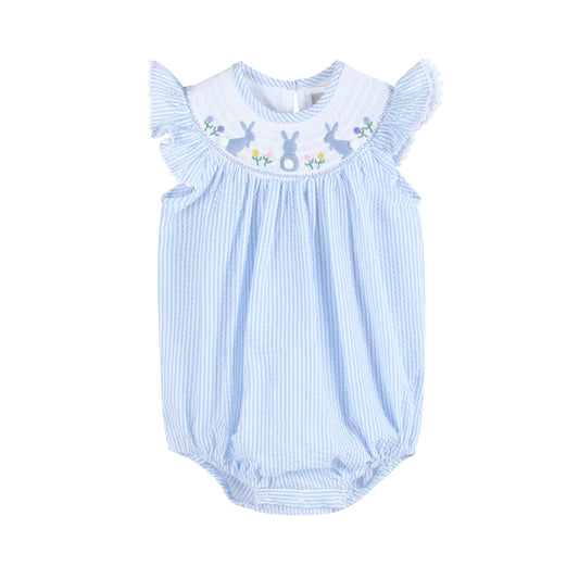 Lil Cactus - Light Blue Seersucker Easter Bunny Smocked Flutter Romper