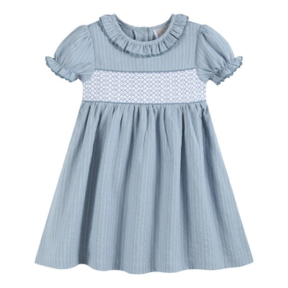 Lil Cactus Light Blue Pinstripe Smocked Ruffle Dress: 4T