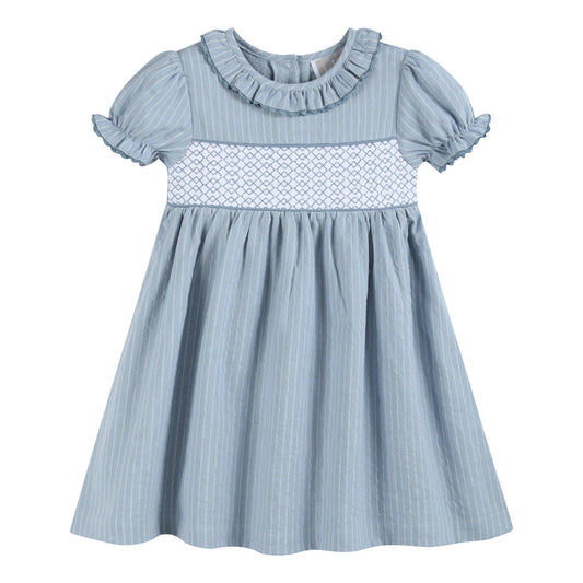 Lil Cactus Light Blue Pinstripe Smocked Ruffle Dress: 4T