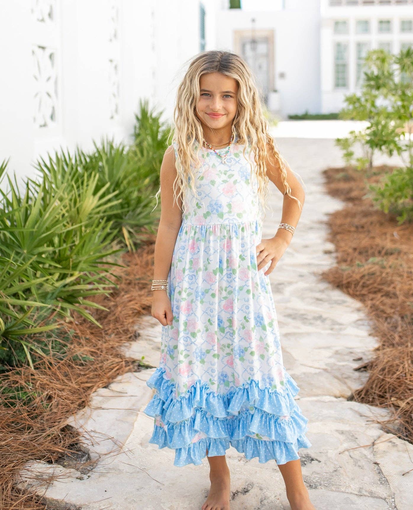 Adorable Sweetness - Girls Olivia 3 Ruffle Pastel Blue Floral Spring Summer Dress