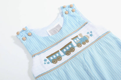 Blue Gingham Train Smocked Overalls: 12-18M