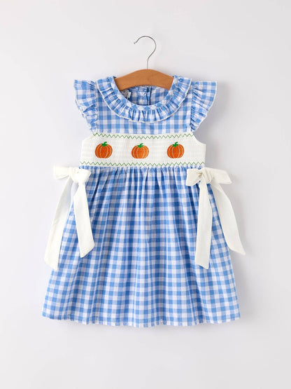 Rylee Faith Designs - Fall Thanksgiving& Halloween Blue Pumpkin Smock Embroidery Baby Girl Dress