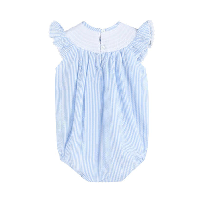 Lil Cactus - Light Blue Seersucker Easter Bunny Smocked Flutter Romper