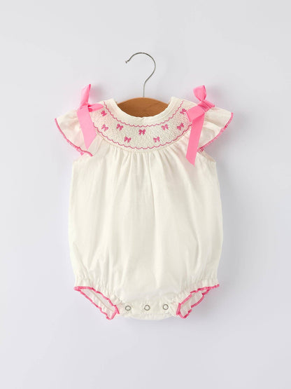 Rylee Faith Designs Winter White Baby Girls Romper with Pink Bow Embroidery: 18M