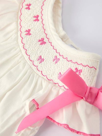 Rylee Faith Designs Winter White Baby Girls Romper with Pink Bow Embroidery: 6M