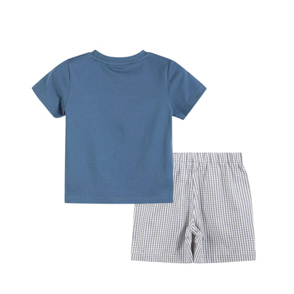 Lil Cactus - Blue Tractor Smocked Shirt and Gray Shorts Set