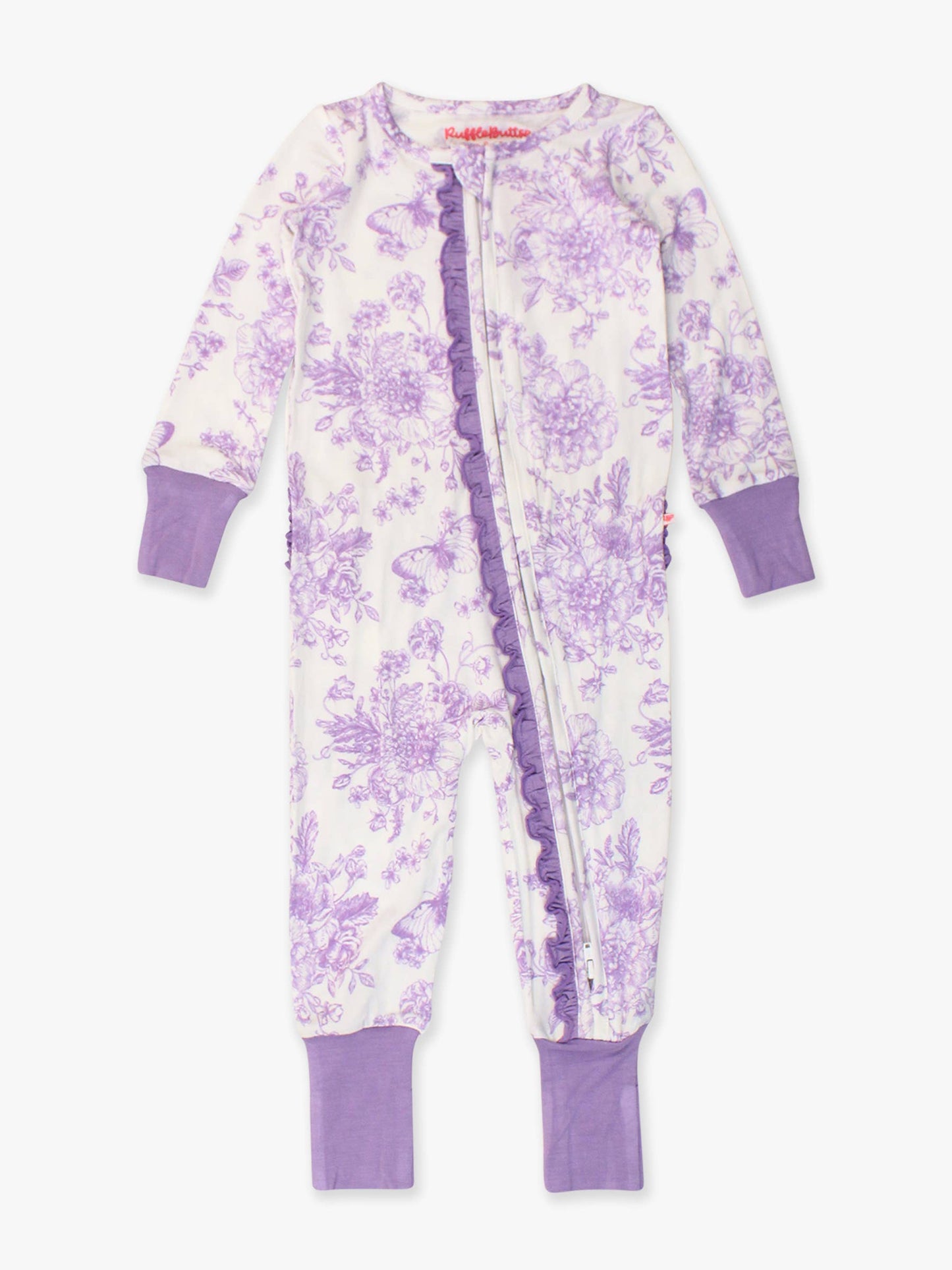 RuffleButts + RuggedButts - SoftSnooze™ Baby Girls Bamboo Viscose Wisteria Purple Butterfly Garden Toile Convertible Ruffle One Piece Footie Pajama