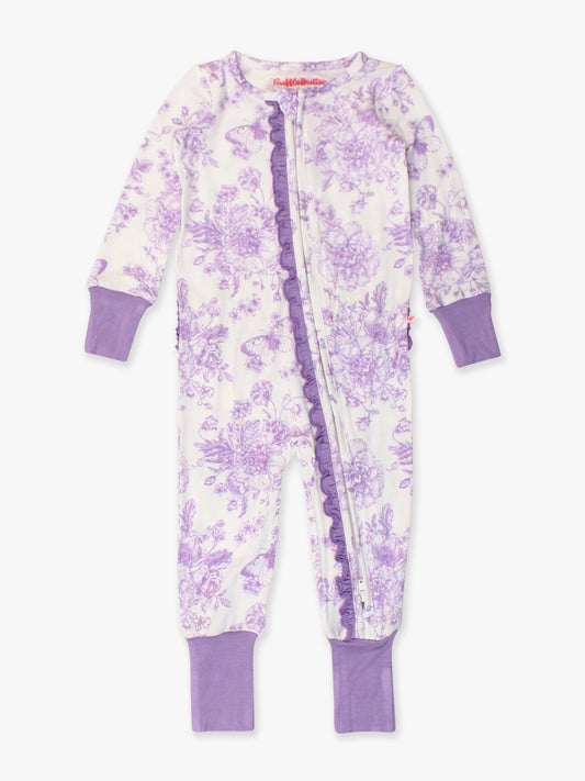 RuffleButts + RuggedButts - SoftSnooze™ Baby Girls Bamboo Viscose Wisteria Purple Butterfly Garden Toile Convertible Ruffle One Piece Footie Pajama