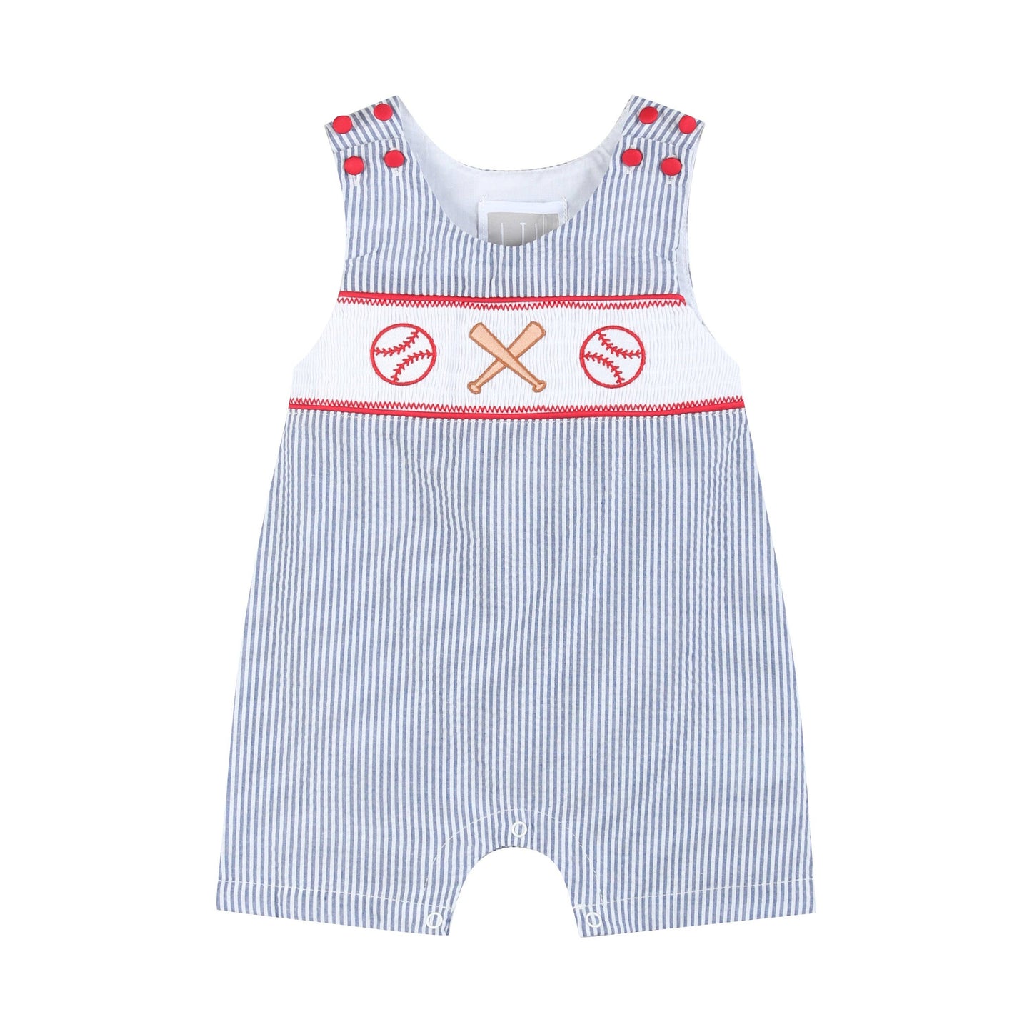 Lil Cactus - Blue Seersucker Baseball Smocked Shortalls