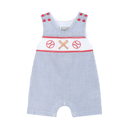 Lil Cactus - Blue Seersucker Baseball Smocked Shortalls