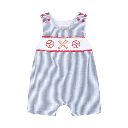 Lil Cactus - Blue Seersucker Baseball Smocked Shortalls