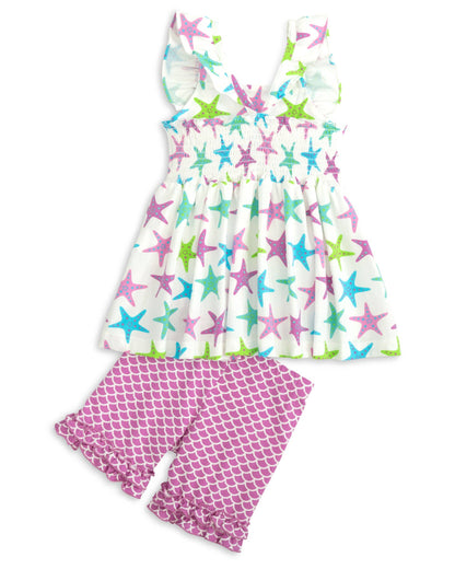 Posh Pickle - This One Knit Starfish Print Ruffle Short Set