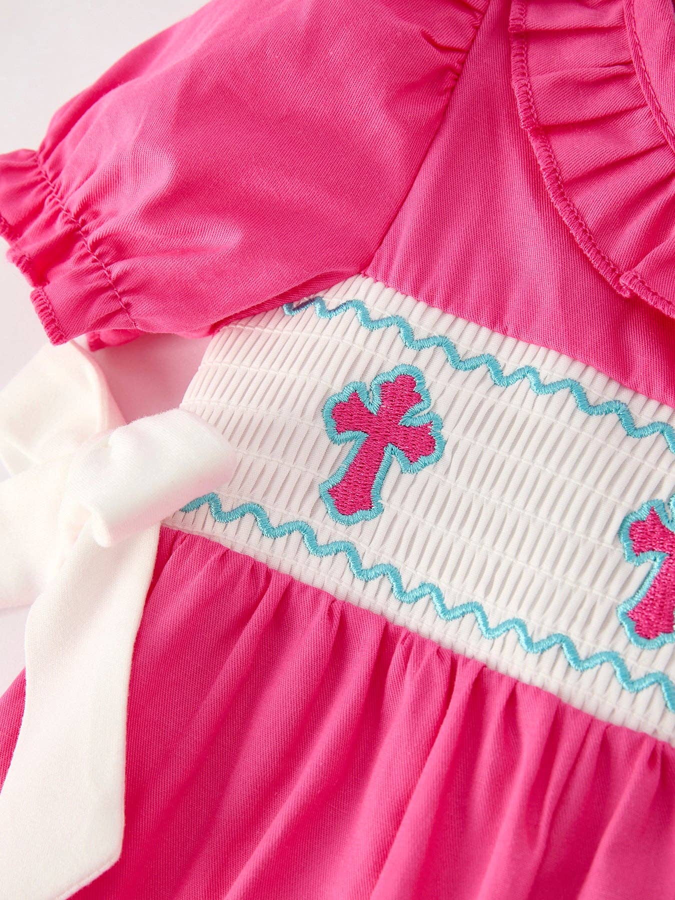 Rylee Faith Designs Pink Smocked Church Christ Bishop Christening Bow Baby Girl Romper: 12M
