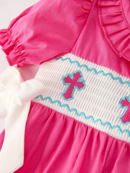 Rylee Faith Designs Pink Smocked Church Christ Bishop Christening Bow Baby Girl Romper: 12M