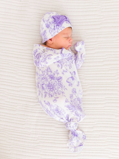 RuffleButts + RuggedButts - SoftSnooze™ Baby Girls Bamboo Viscose Wisteria Purple Butterfly Garden Toile Ruffle Knotted Sleep Gown & Bow Hat Set