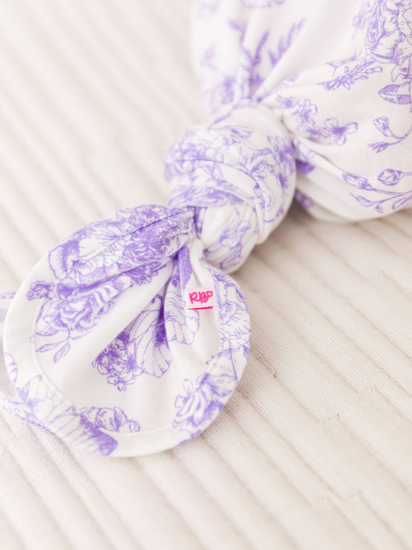 RuffleButts + RuggedButts - SoftSnooze™ Baby Girls Bamboo Viscose Wisteria Purple Butterfly Garden Toile Ruffle Knotted Sleep Gown & Bow Hat Set