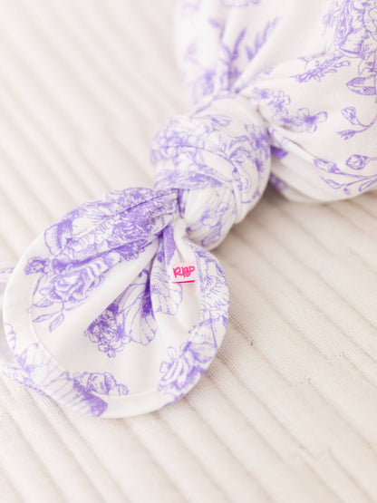 RuffleButts + RuggedButts - SoftSnooze™ Baby Girls Bamboo Viscose Wisteria Purple Butterfly Garden Toile Ruffle Knotted Sleep Gown & Bow Hat Set