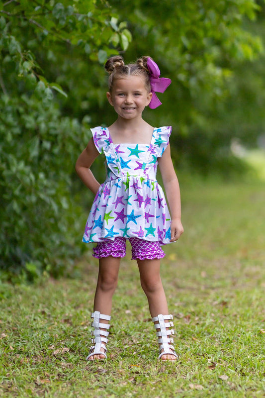 Posh Pickle - This One Knit Starfish Print Ruffle Short Set