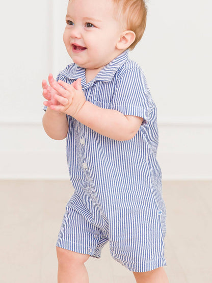 RuffleButts + RuggedButts - Baby Boys Blue Seersucker Button-Up Romper