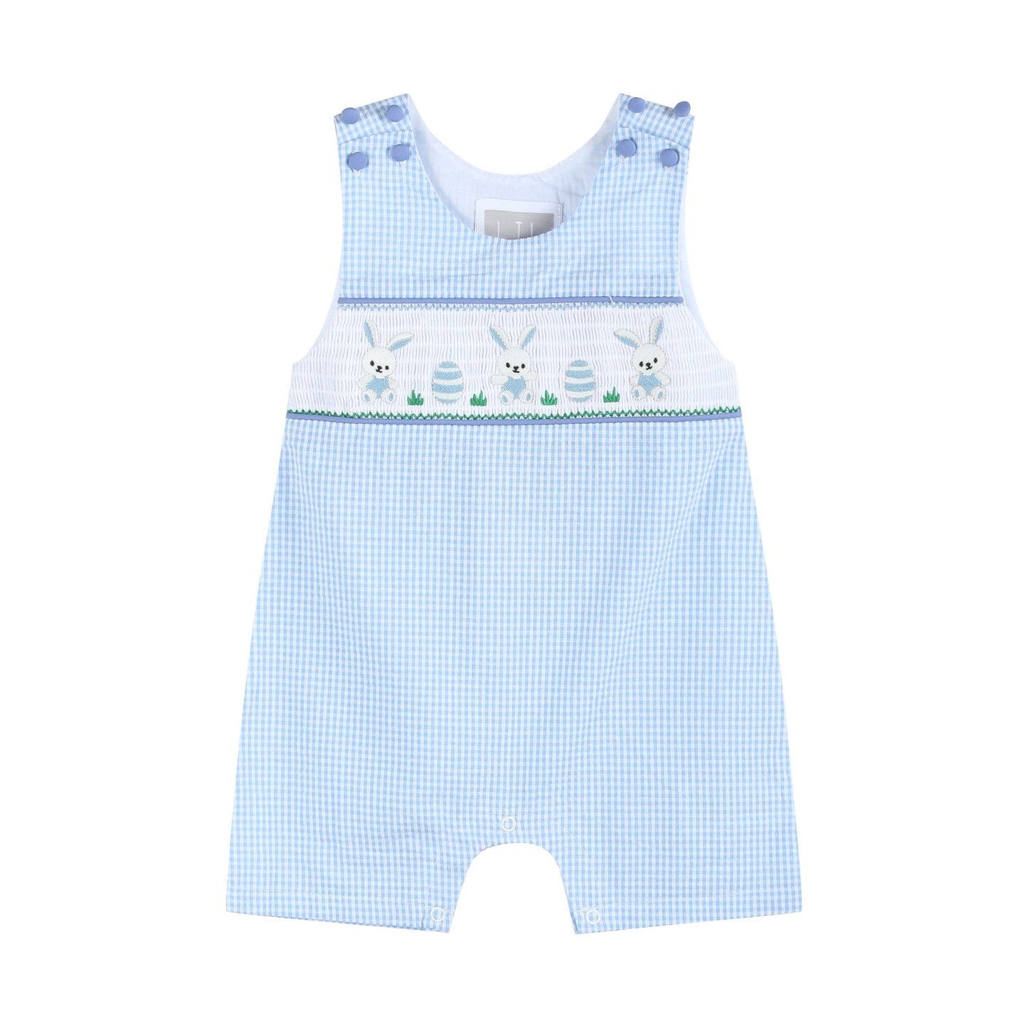 Lil Cactus - Light Blue Gingham Easter Egg and Bunnies Smocked Shortall