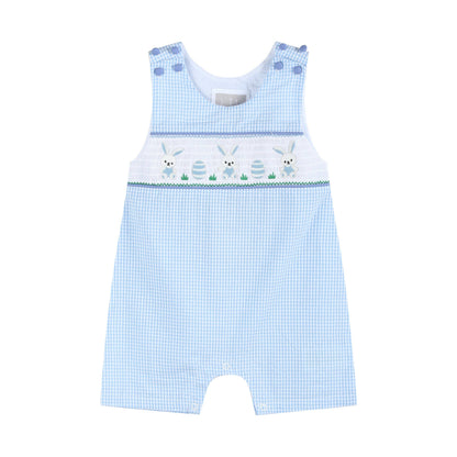 Lil Cactus - Light Blue Gingham Easter Egg and Bunnies Smocked Shortall