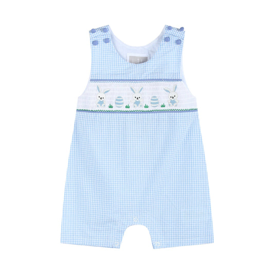 Lil Cactus - Light Blue Gingham Easter Egg and Bunnies Smocked Shortall