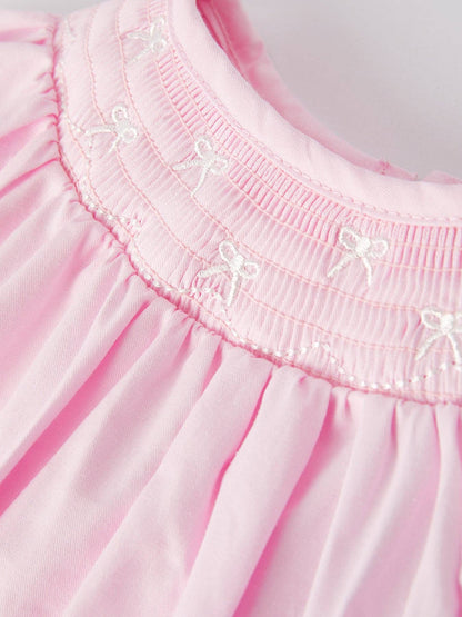White Bow Smock Embroidered Pink Romper: 3M