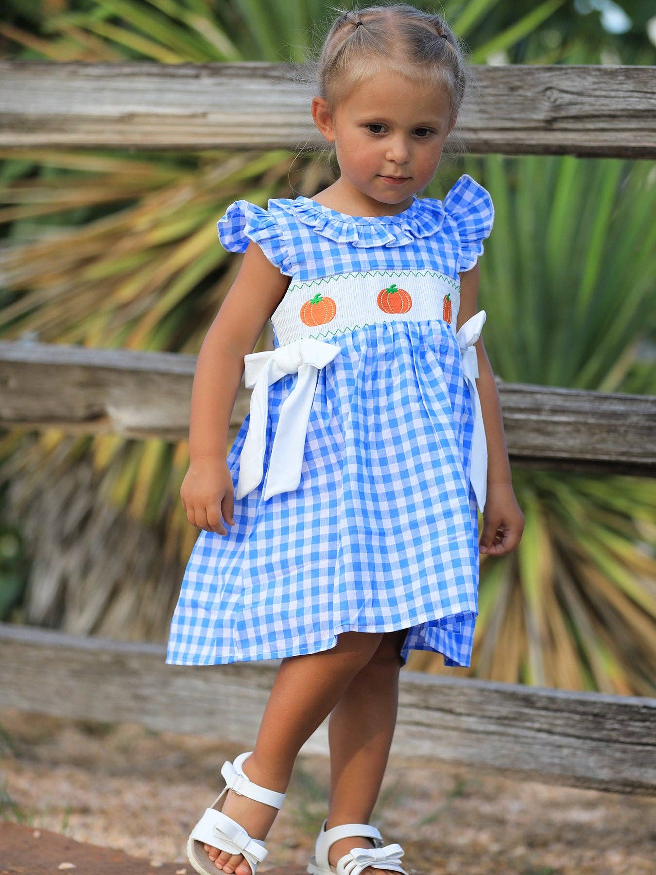 Rylee Faith Designs - Fall Thanksgiving& Halloween Blue Pumpkin Smock Embroidery Baby Girl Dress