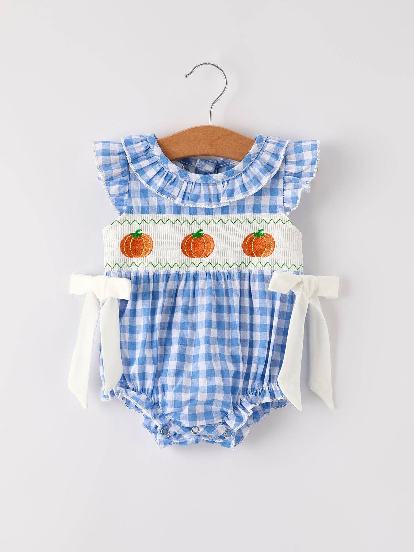 Rylee Faith Designs - Fall Thanksgiving& Halloween Blue Pumpkin Smock Embroidery Baby Girl Romper