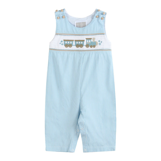 Blue Gingham Train Smocked Overalls: 2T