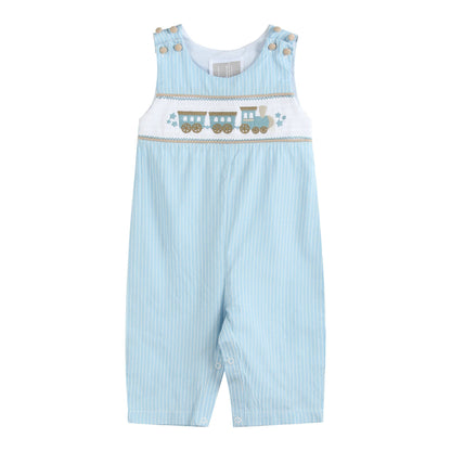 Blue Gingham Train Smocked Overalls: 3-6M