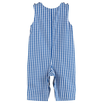 Dark Blue Gingham Emergency Vehicle Smocked Overalls: 18-24M