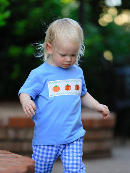 Rylee Faith Designs - Fall Thanksgiving& Halloween Blue Pumpkin Smock Embroidery Baby Boy Set