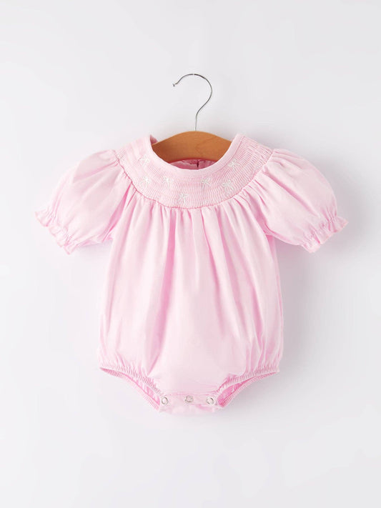 Rylee Faith Designs White Bow Smock Embroidered Pink Romper: 12M