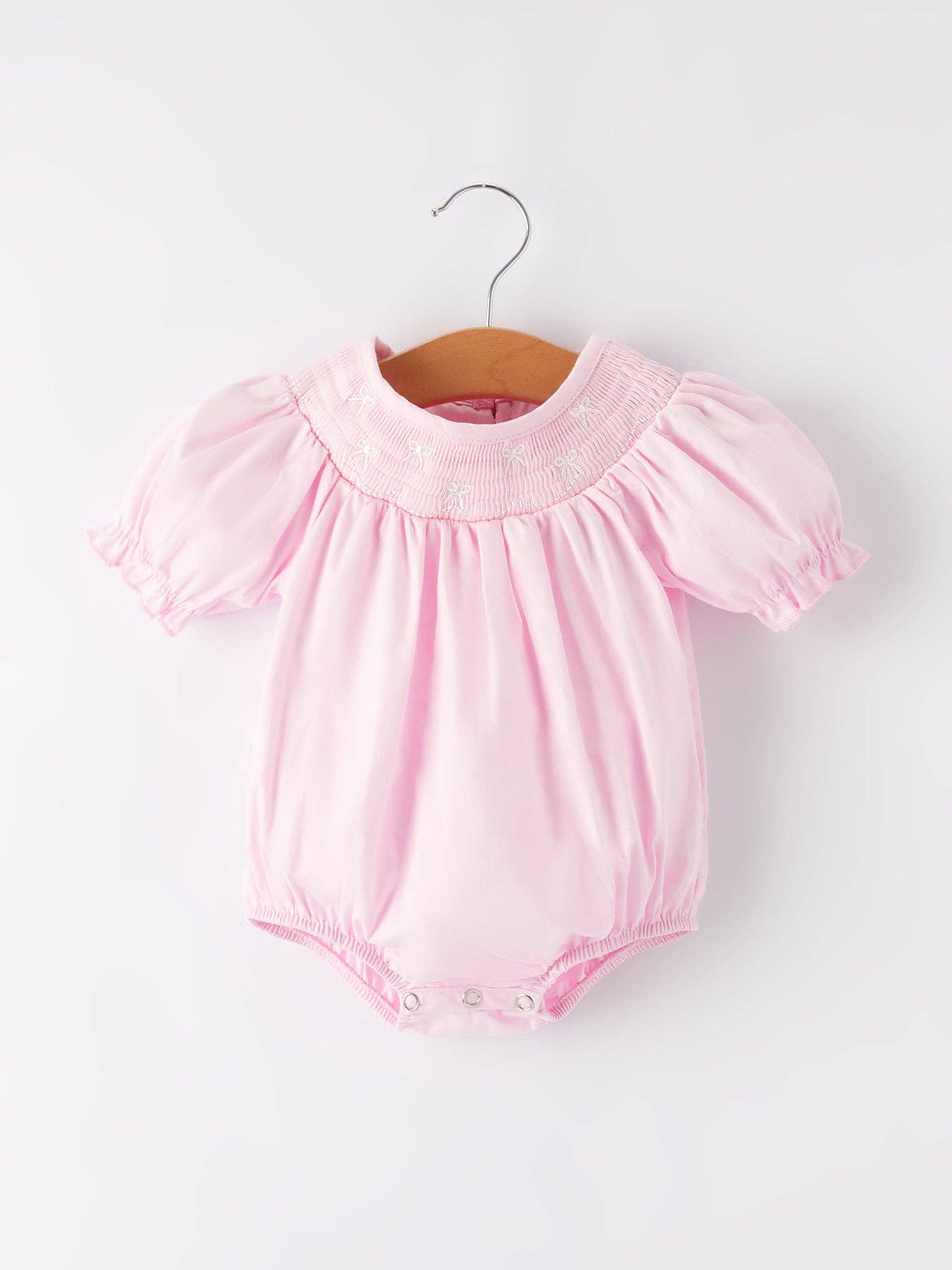 White Bow Smock Embroidered Pink Romper: 3M