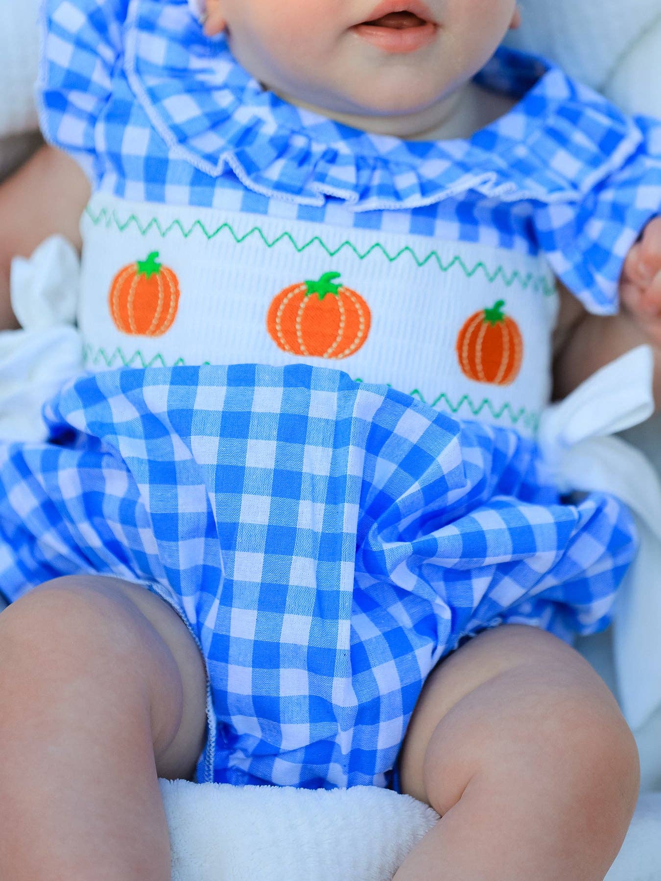 Rylee Faith Designs - Fall Thanksgiving& Halloween Blue Pumpkin Smock Embroidery Baby Girl Romper