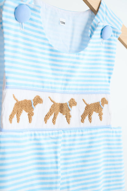 Blue puppy hand smocked boy stripe JonJon