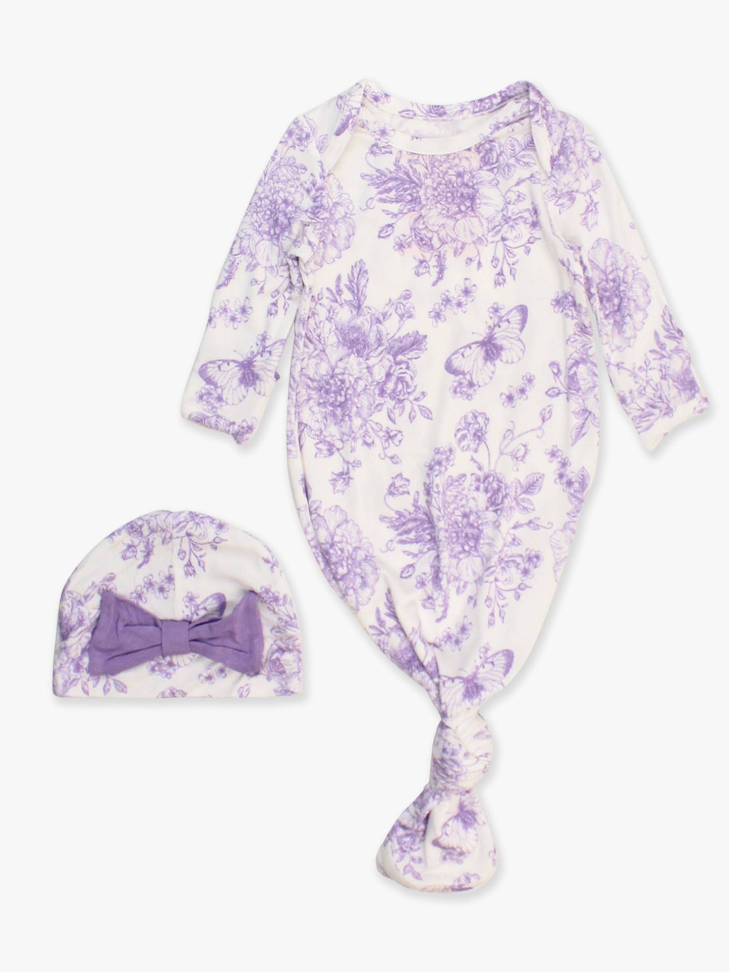 RuffleButts + RuggedButts - SoftSnooze™ Baby Girls Bamboo Viscose Wisteria Purple Butterfly Garden Toile Ruffle Knotted Sleep Gown & Bow Hat Set