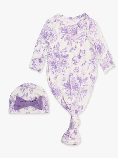 RuffleButts + RuggedButts - SoftSnooze™ Baby Girls Bamboo Viscose Wisteria Purple Butterfly Garden Toile Ruffle Knotted Sleep Gown & Bow Hat Set