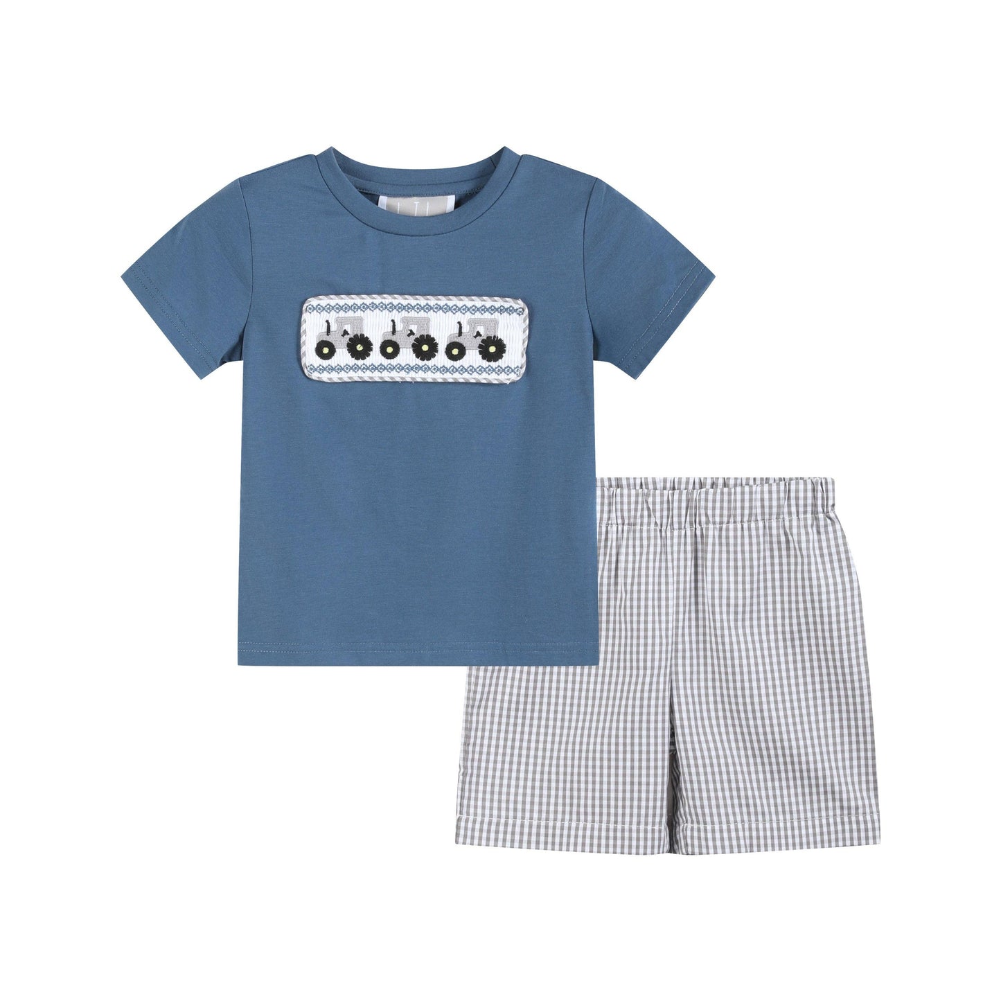 Lil Cactus - Blue Tractor Smocked Shirt and Gray Shorts Set