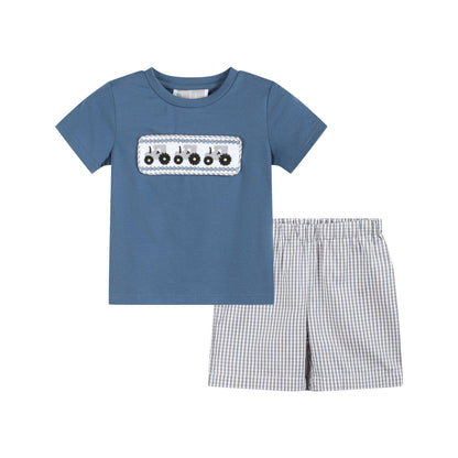 Lil Cactus - Blue Tractor Smocked Shirt and Gray Shorts Set