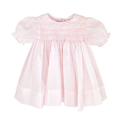 Petit Ami Fully Smocked Dress with Lace: Pink / 9 Month