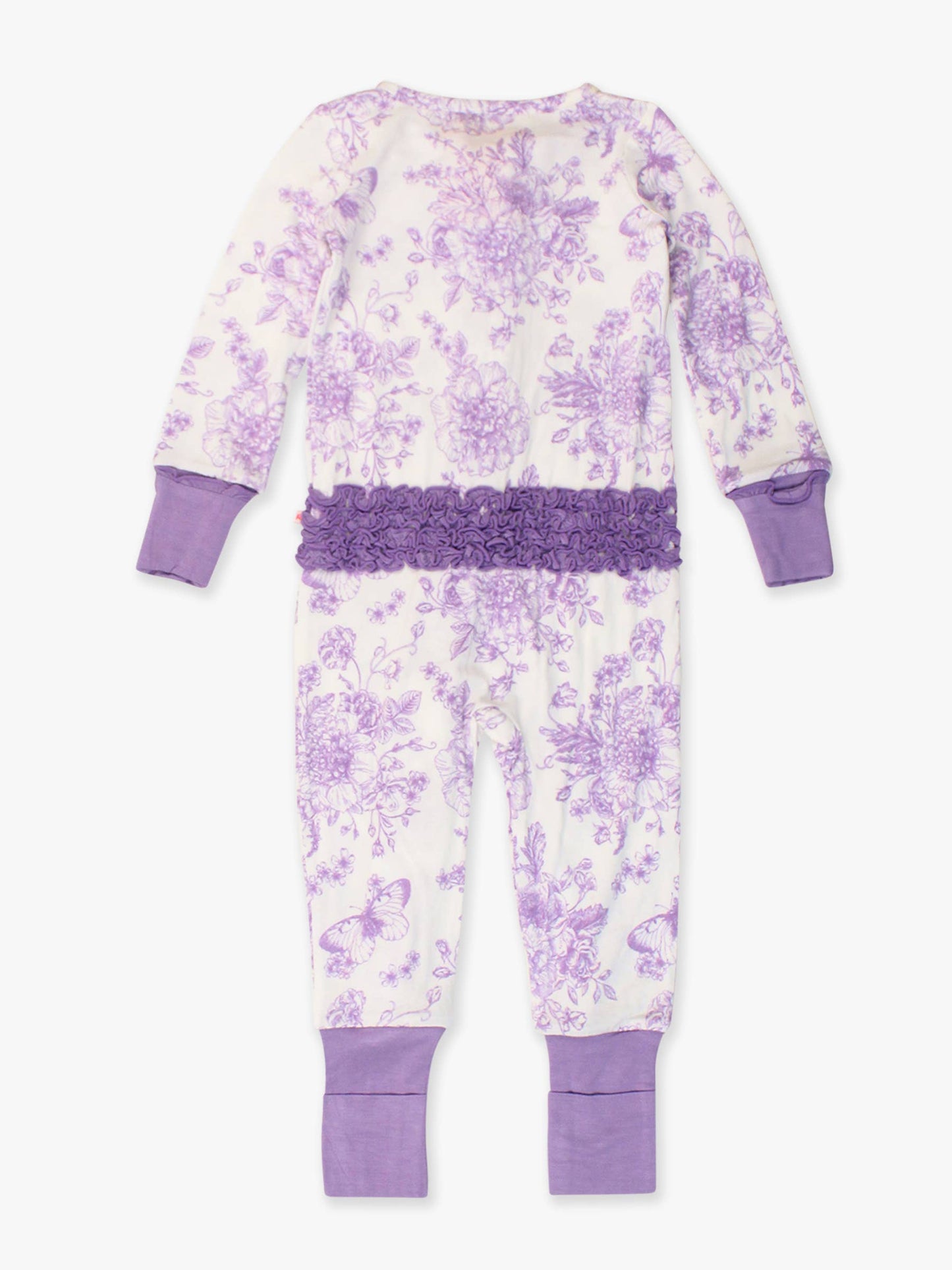 RuffleButts + RuggedButts - SoftSnooze™ Baby Girls Bamboo Viscose Wisteria Purple Butterfly Garden Toile Convertible Ruffle One Piece Footie Pajama