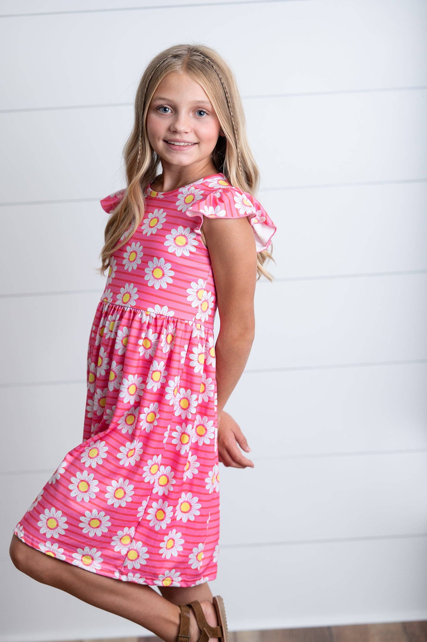 Adorable Sweetness - Kids Spring Summer Hot Pink Striped Pink Daisy Flutter Dress