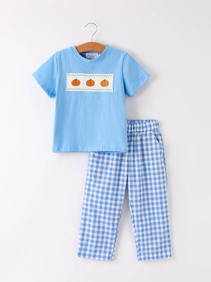 Rylee Faith Designs - Fall Thanksgiving& Halloween Blue Pumpkin Smock Embroidery Baby Boy Set