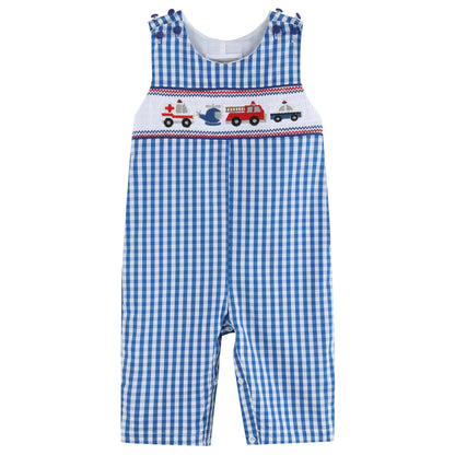 Dark Blue Gingham Emergency Vehicle Smocked Overalls: 12-18M